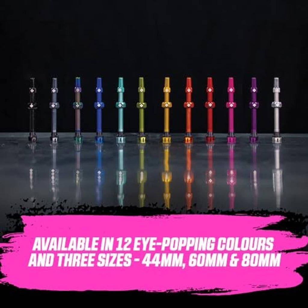 Assorted Presta tubeless valves in multiple eye-catching colors, with caps.