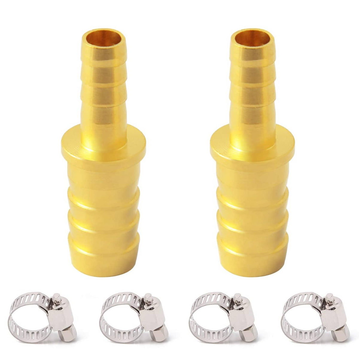 Brass reducing barbed couplers (3/8 to 1/4 ID) with four hose clamps included