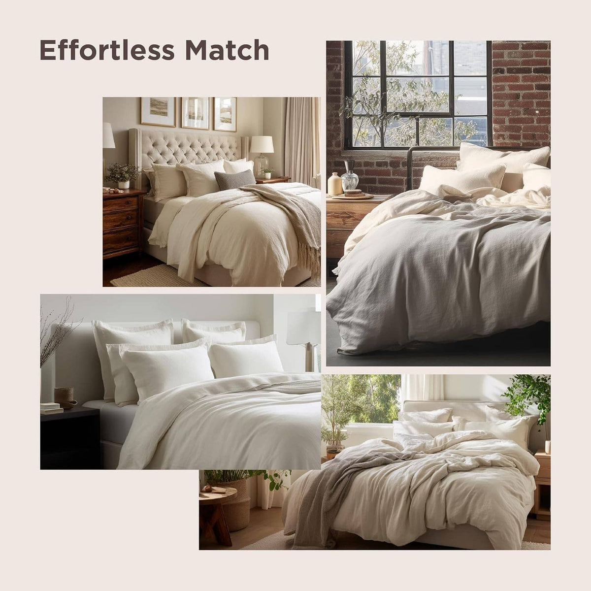 Neutral duvet cover and pillow shams styled on a bed with layered bedding