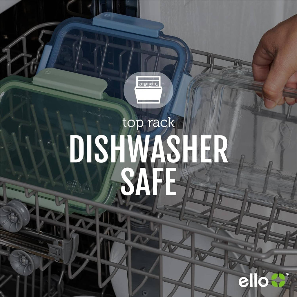 Glass meal prep container on dishwasher top rack, with top-rack safe label