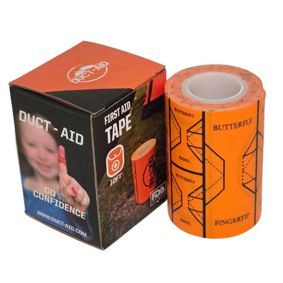 Orange first aid duct tape roll with compact kit box, medical grade 10 ft