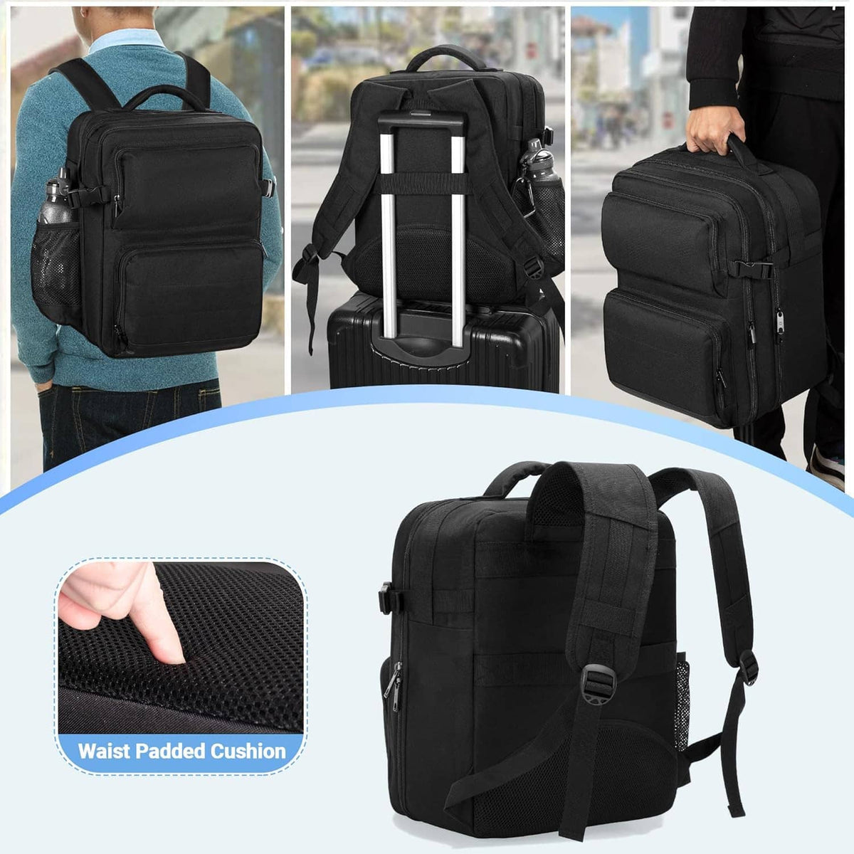 Black projector backpack with padded shoulder straps and waist padded cushion support.