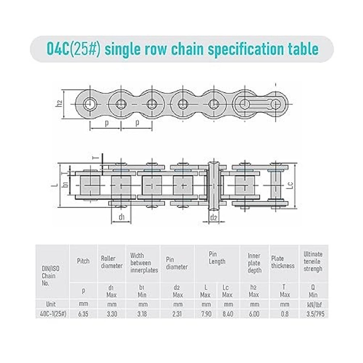 Single-row roller chain sprocket dimension diagram with tooth pitch and keyway measures