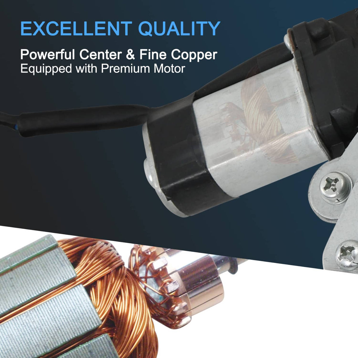 Power window regulator motor with metal housing and visible copper windings