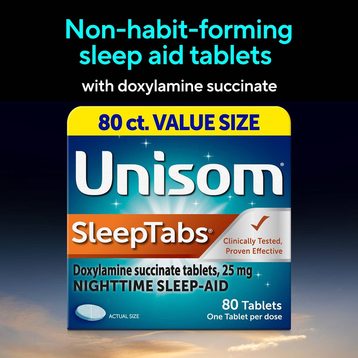 Non-habit-forming sleep aid tablets box, 80 ct value size
