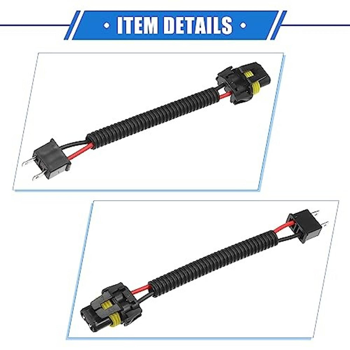 Headlight and fog light extension wire harness with black cable and yellow-marked connectors