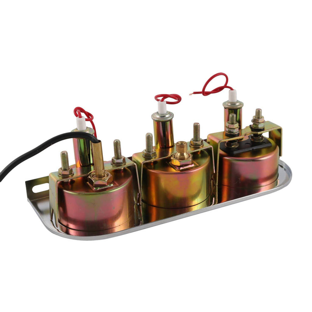 Triple gauge sensor assembly with three metal modules, red wires, and mounting brackets