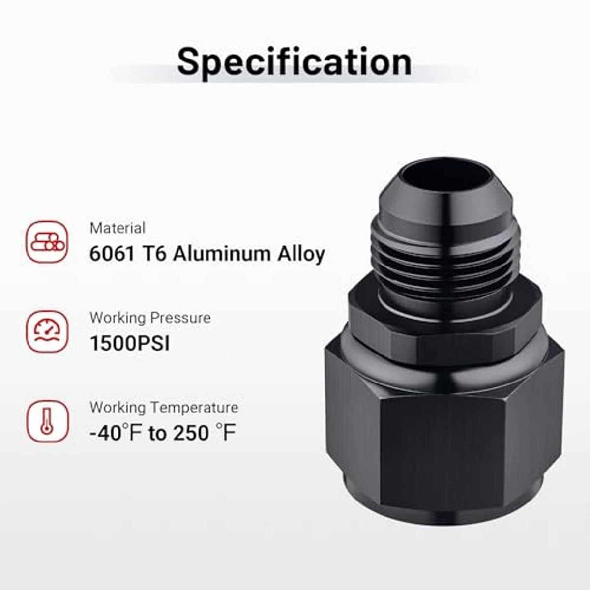 Black aluminum AN adapter with hex nut faces and threaded ends