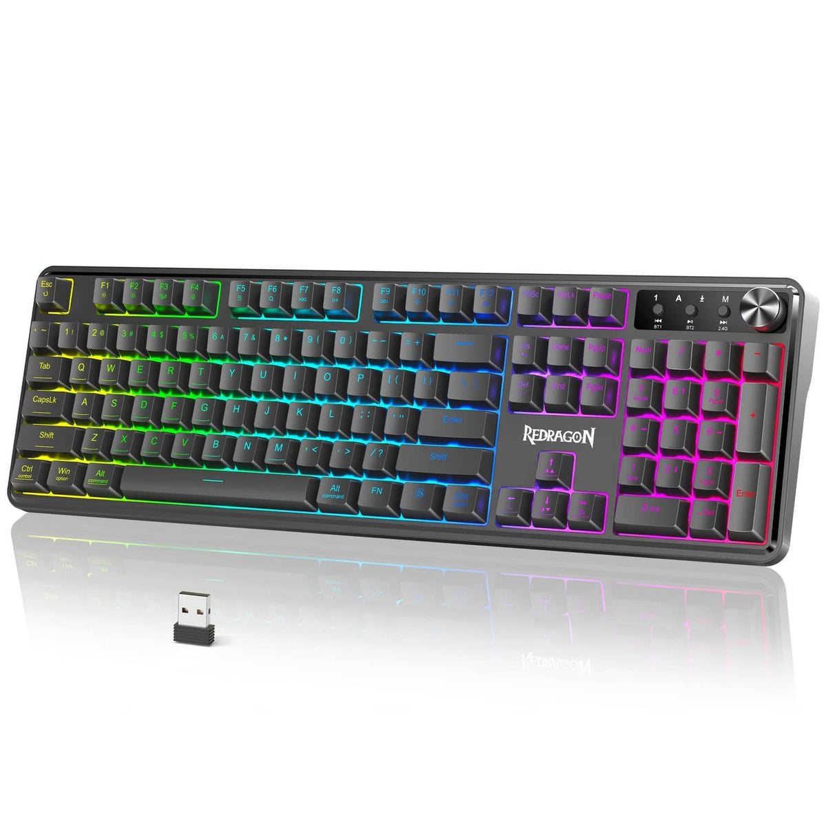 Grayish-black wireless gaming keyboard with RGB backlit keys and volume knob.