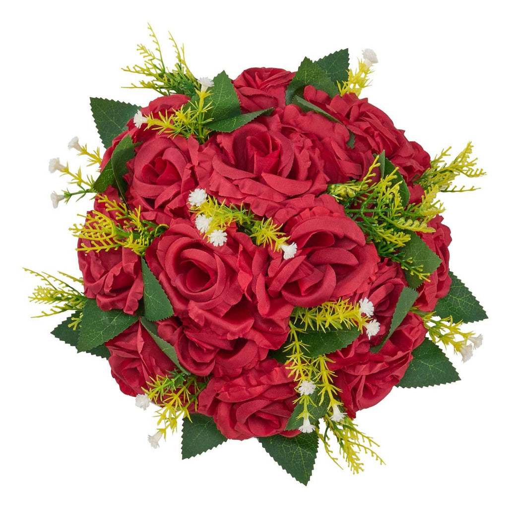 Red artificial flower ball with layered roses, green leaves, and yellow filler sprigs