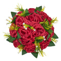 Red artificial flower ball with layered roses, green leaves, and yellow filler sprigs