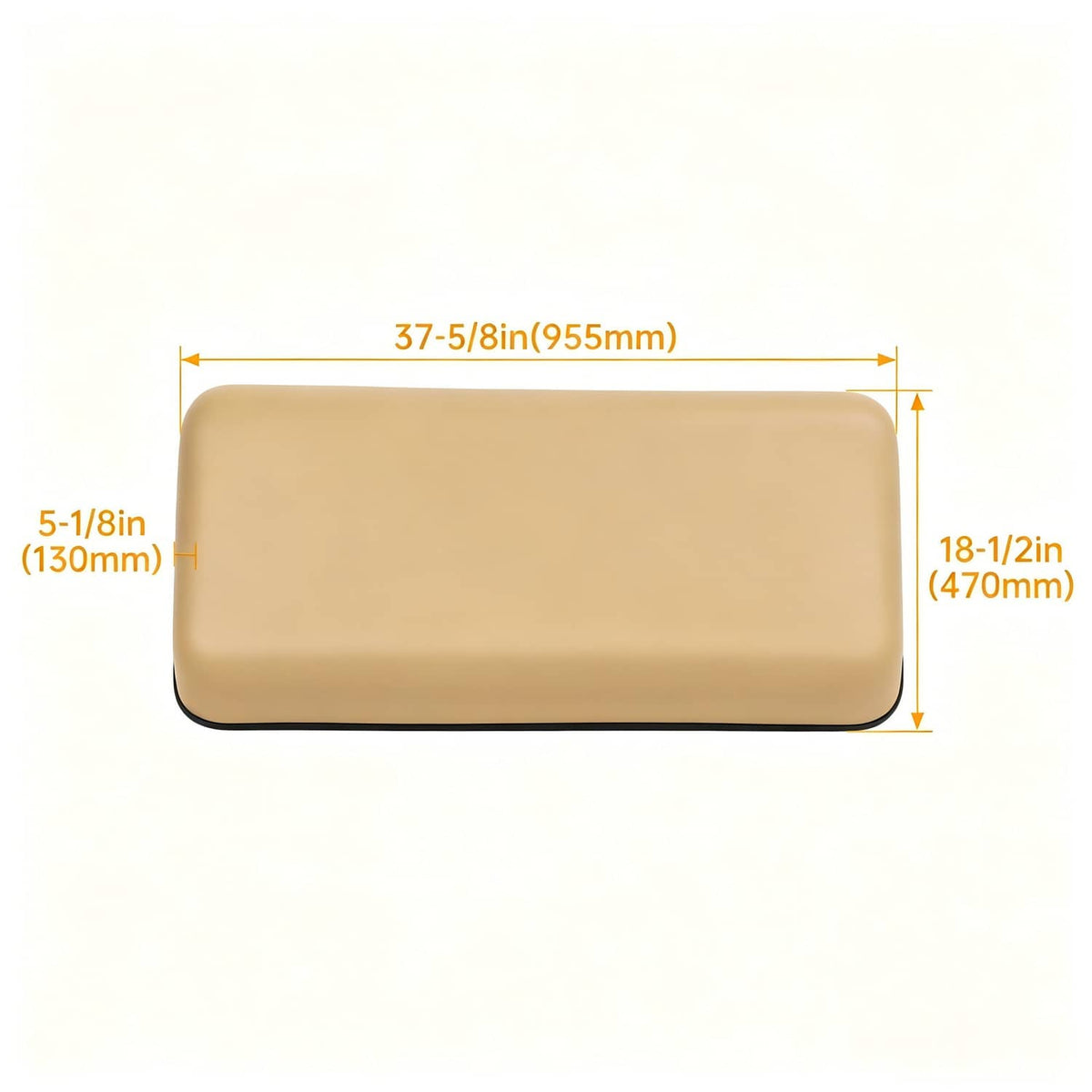 Tan front seat bottom cushion with rounded corners and black edge trim, with size markings