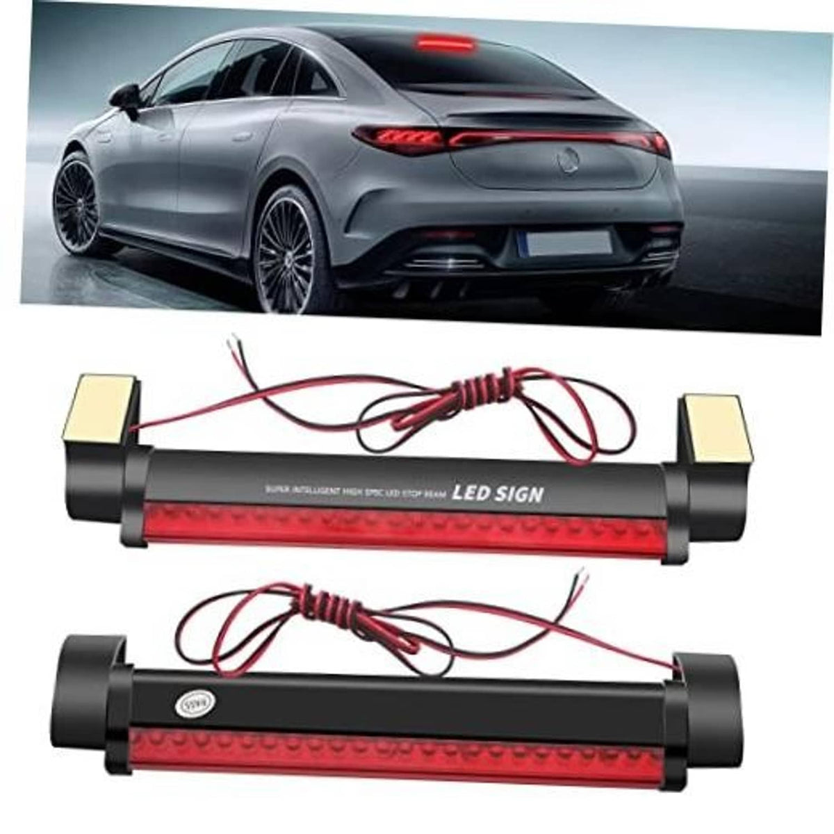 LED third brake light bar with black housing, red LED strip, and wire harness leads