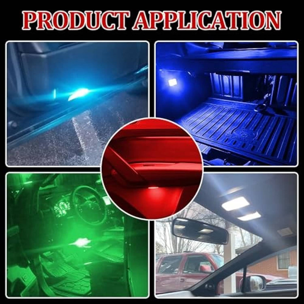 Blue LED car light illuminating vehicle interior surfaces