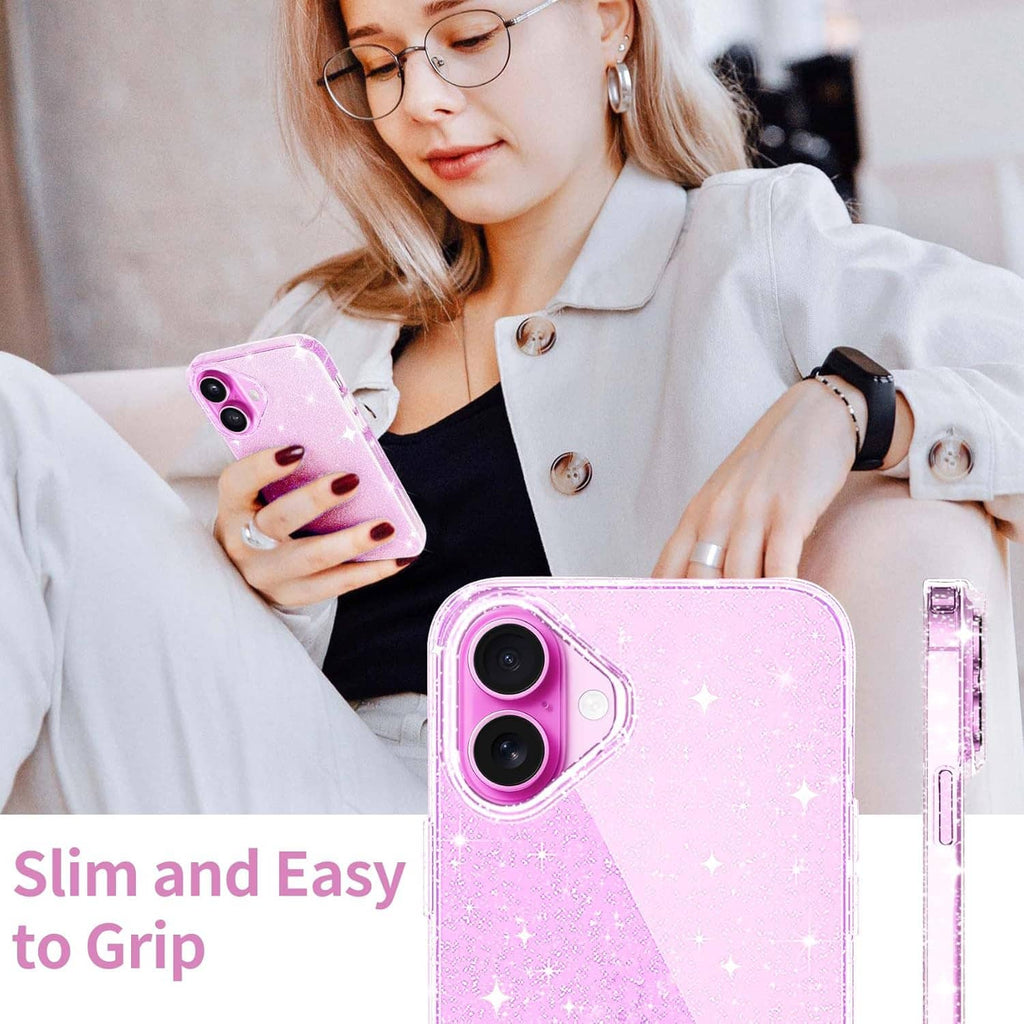 Pink glitter phone case on a phone, with dual camera cutouts and slim grip