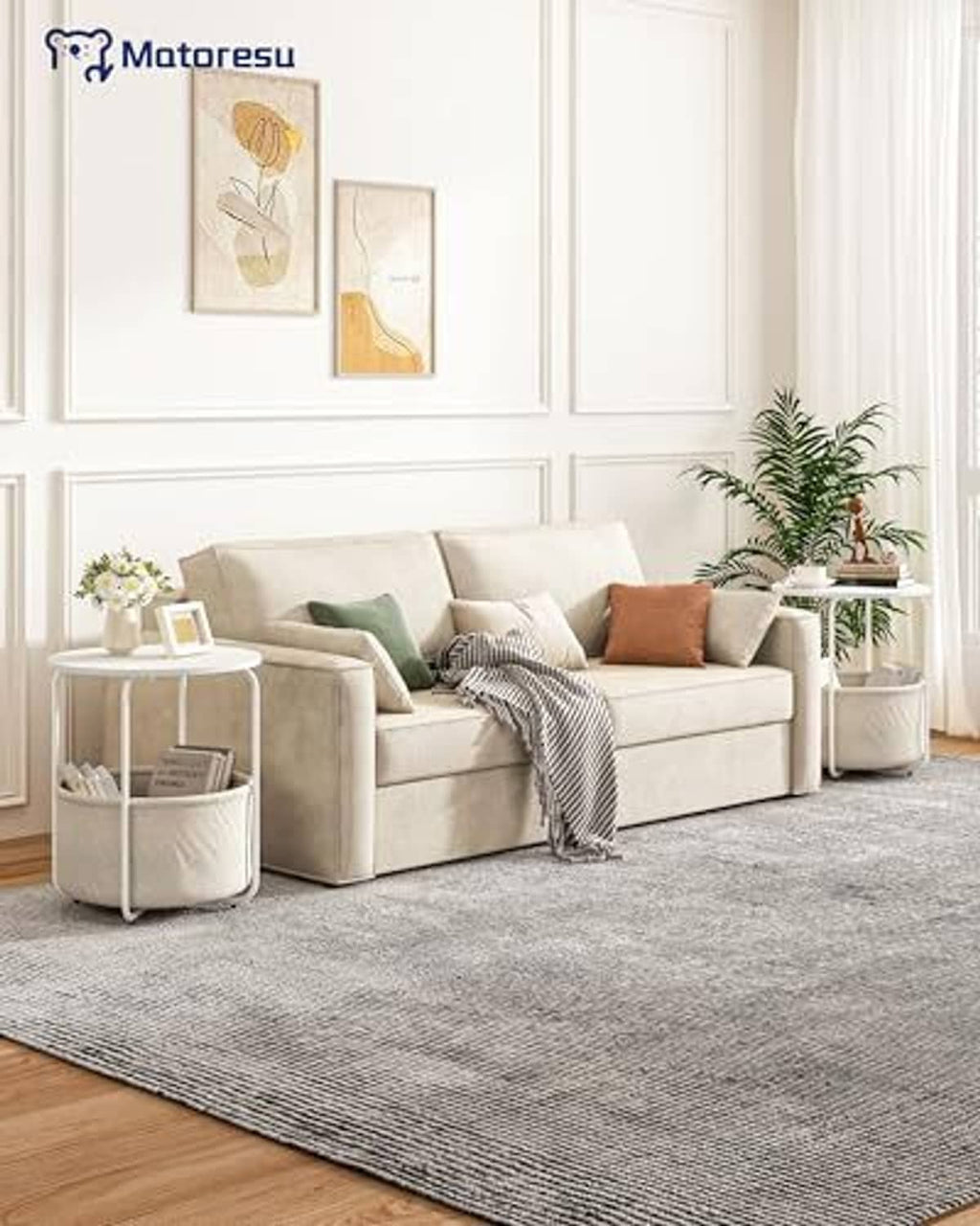 White round side table with beige fabric storage drum and open top beside sofa