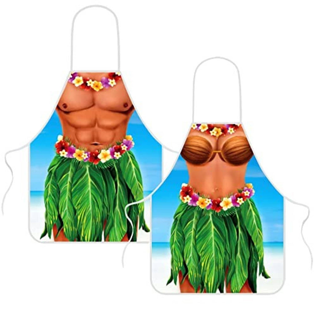 Hawaiian bikini-style apron with brown bust graphic, purple flower garland, green leaf hem