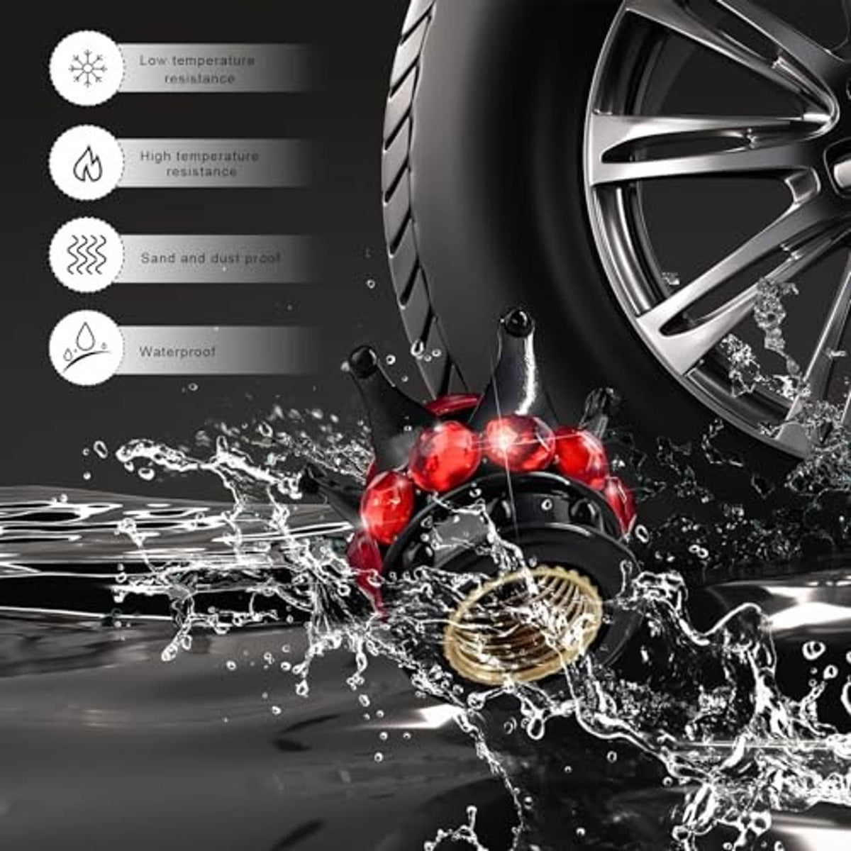 Red jeweled crown tire valve cap with water droplets around the mounted valve