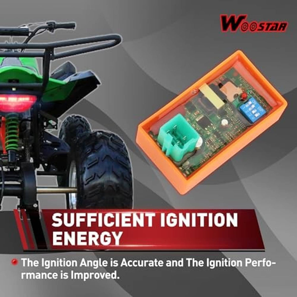DC CDI ignition module in orange case with green connector and blue DIP switch