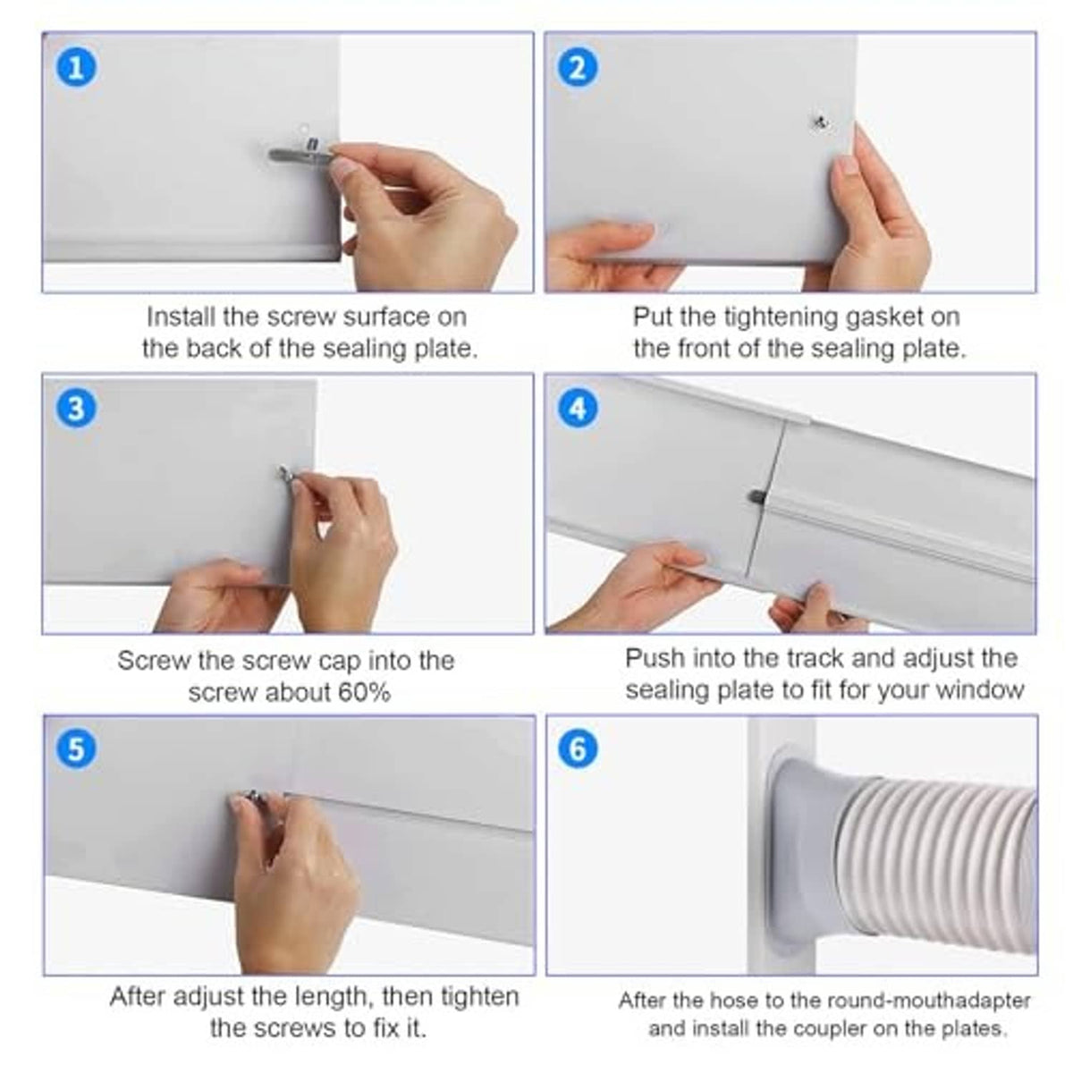 Vent kit installation steps: sealing plate with gasket, screw caps, and tracks, adjustable fit