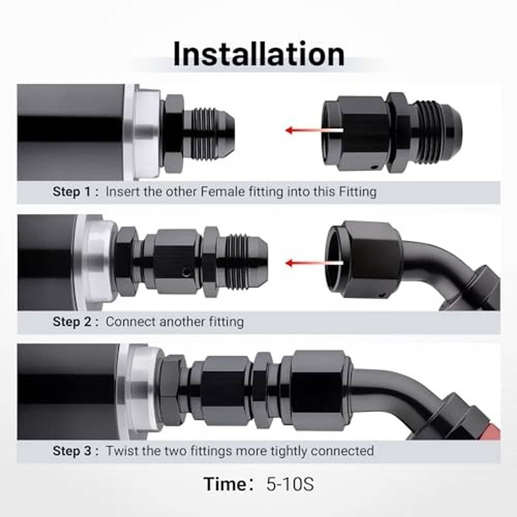 AN fitting adapter installation steps diagram with two connected threaded ends