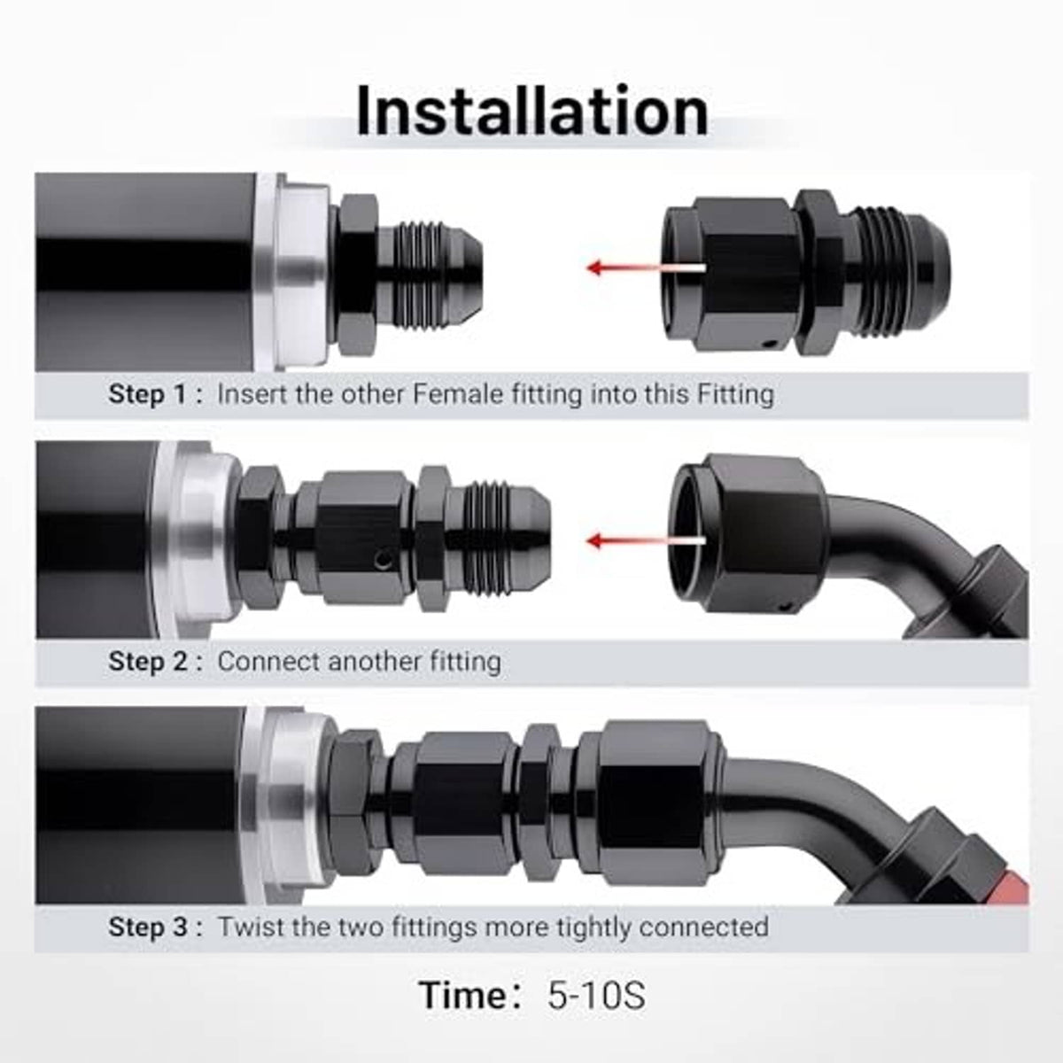 AN fitting adapter installation steps diagram with two connected threaded ends