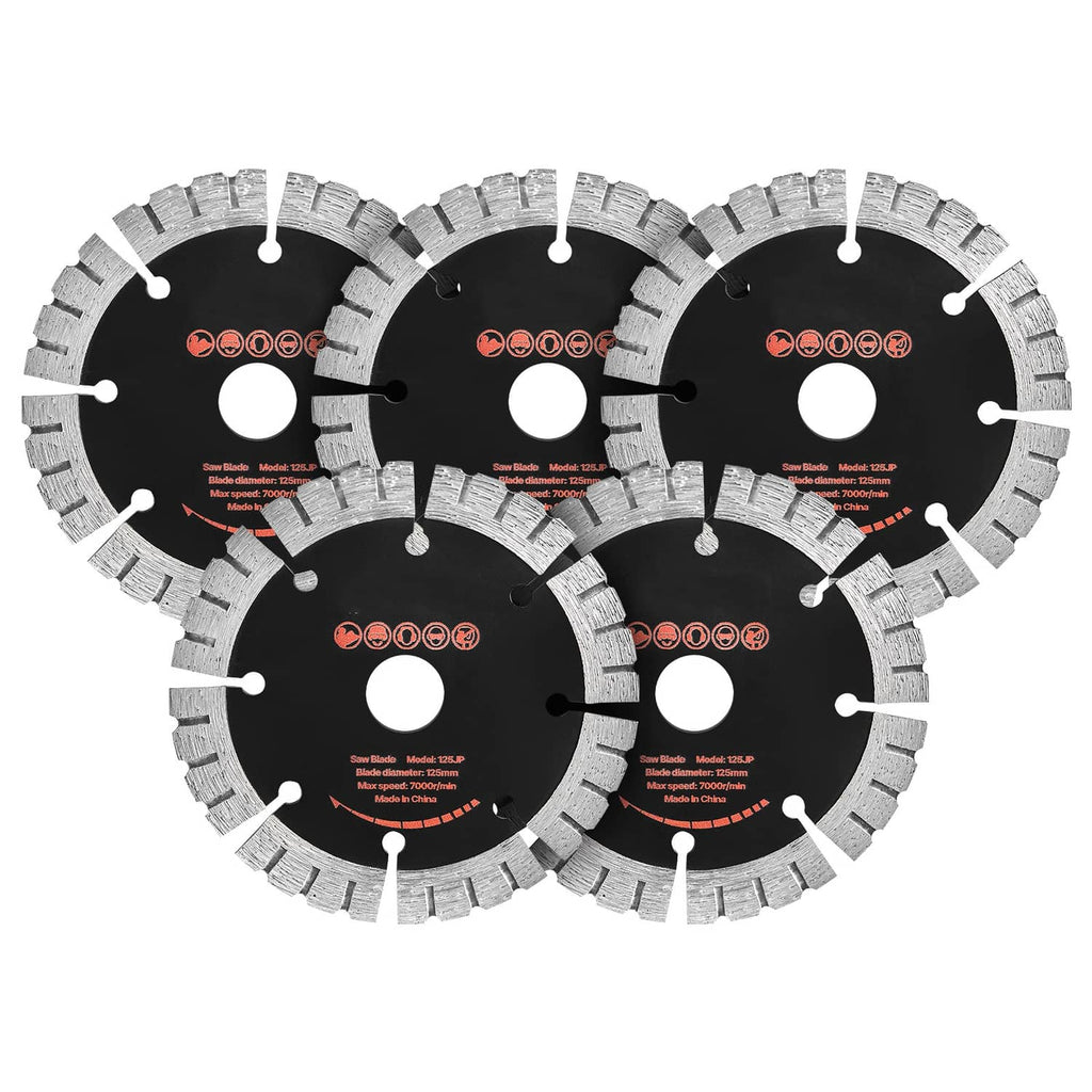 Five-piece diamond blade set for masonry, silver segmented discs on black hubs