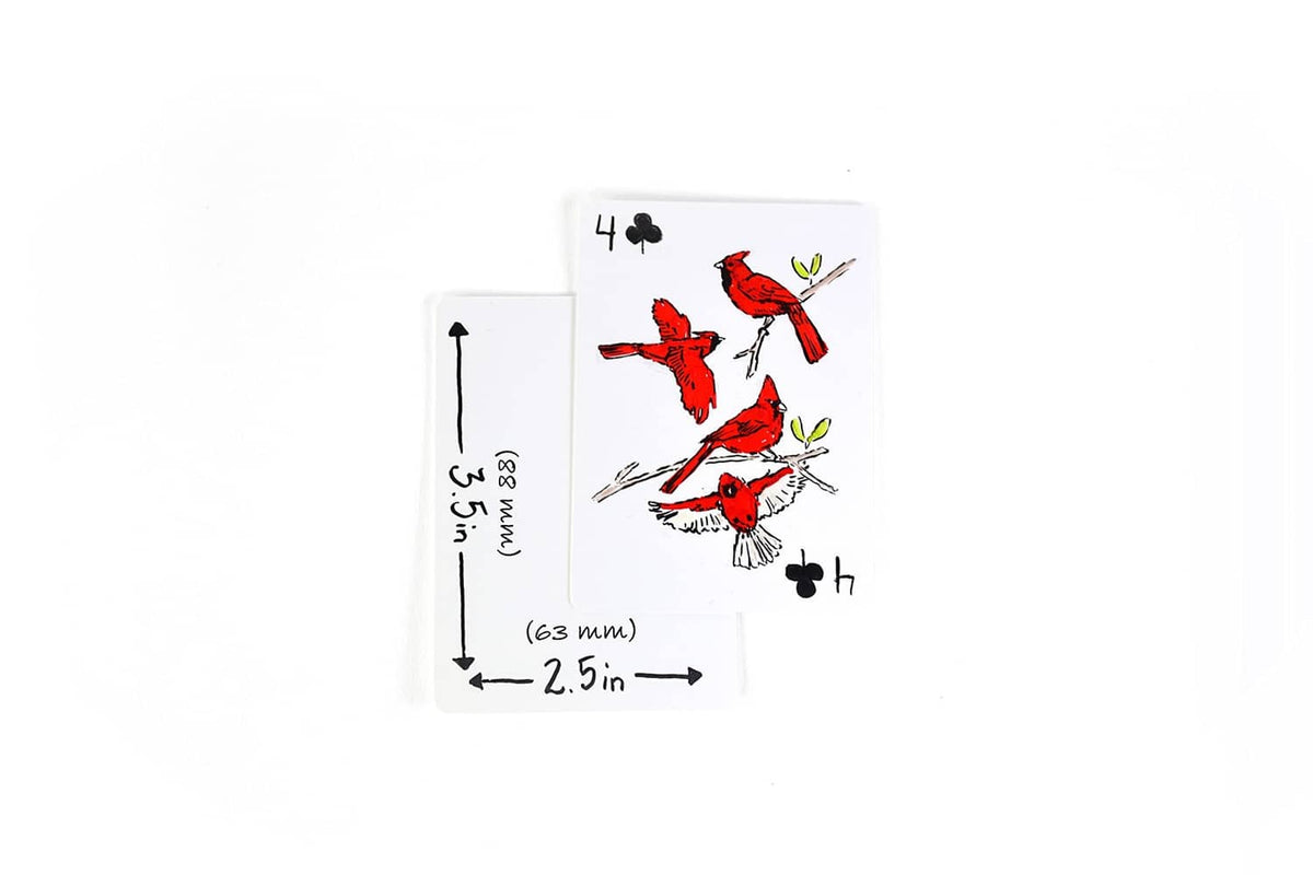 Single playing card with red animal illustration and size measurements shown