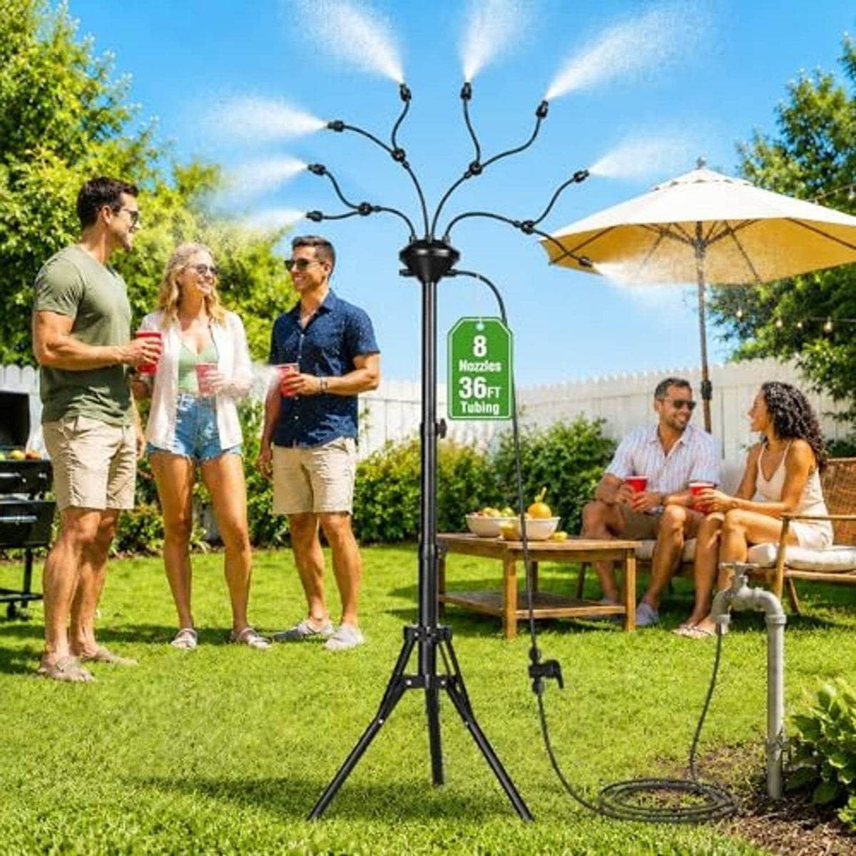 Outdoor standing mister with tall black tripod stand and multi-nozzle spray manifold