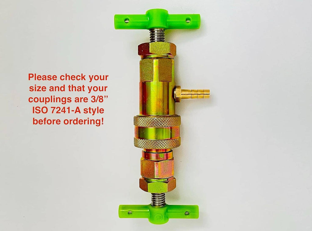 Hydraulic quick coupling with green handles, brass body, and knurled grip ring