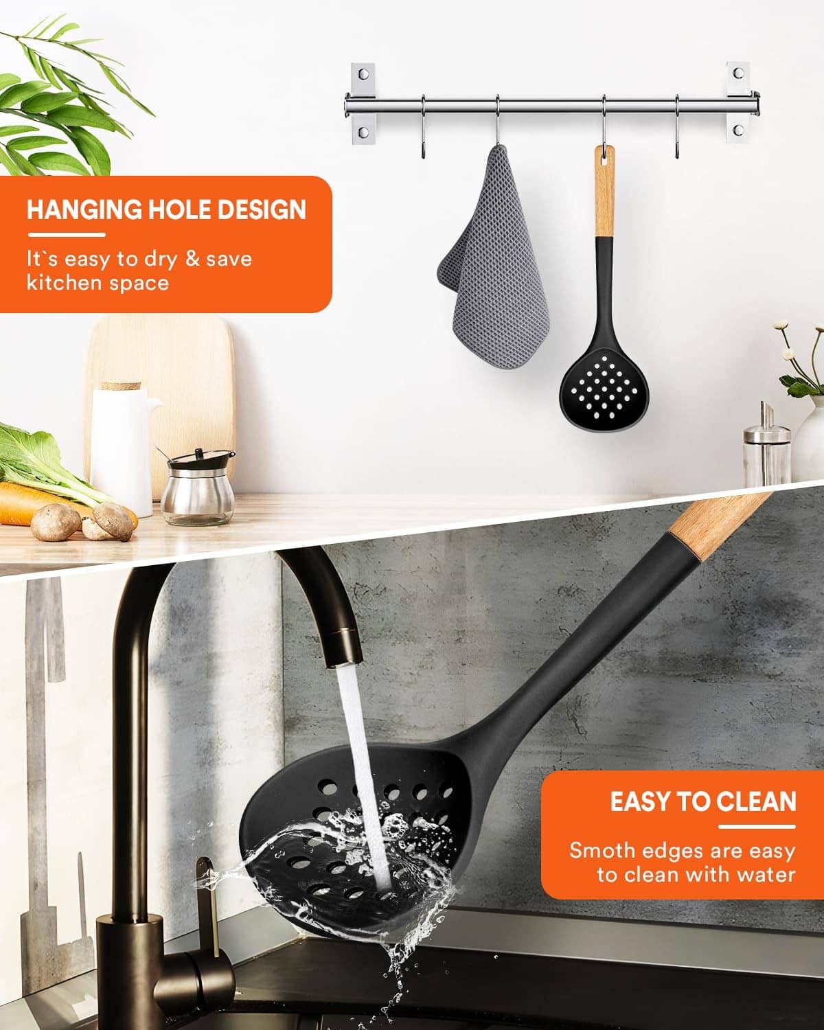 Black slotted ladle strainer with hanging loop, perforated bowl and wooden handle