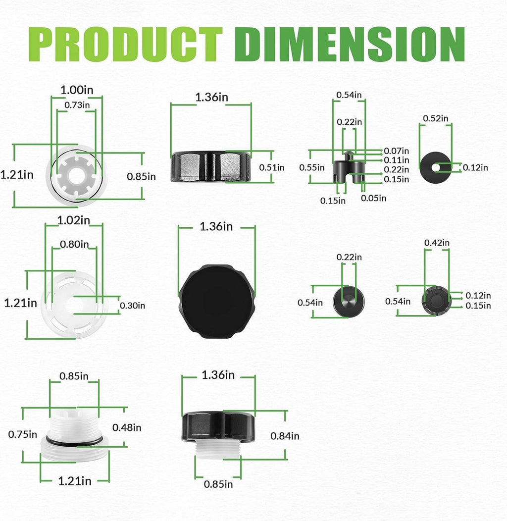 Vacuum breaker kit dimension diagram with black cap and white piston measurements