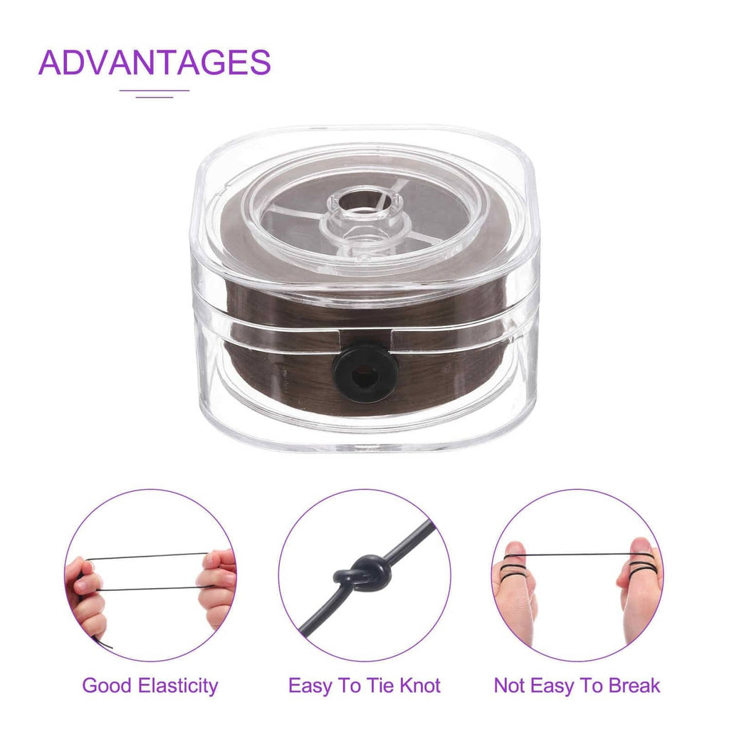 Brown elastic string spool shown with icons for good elasticity and easy knotting