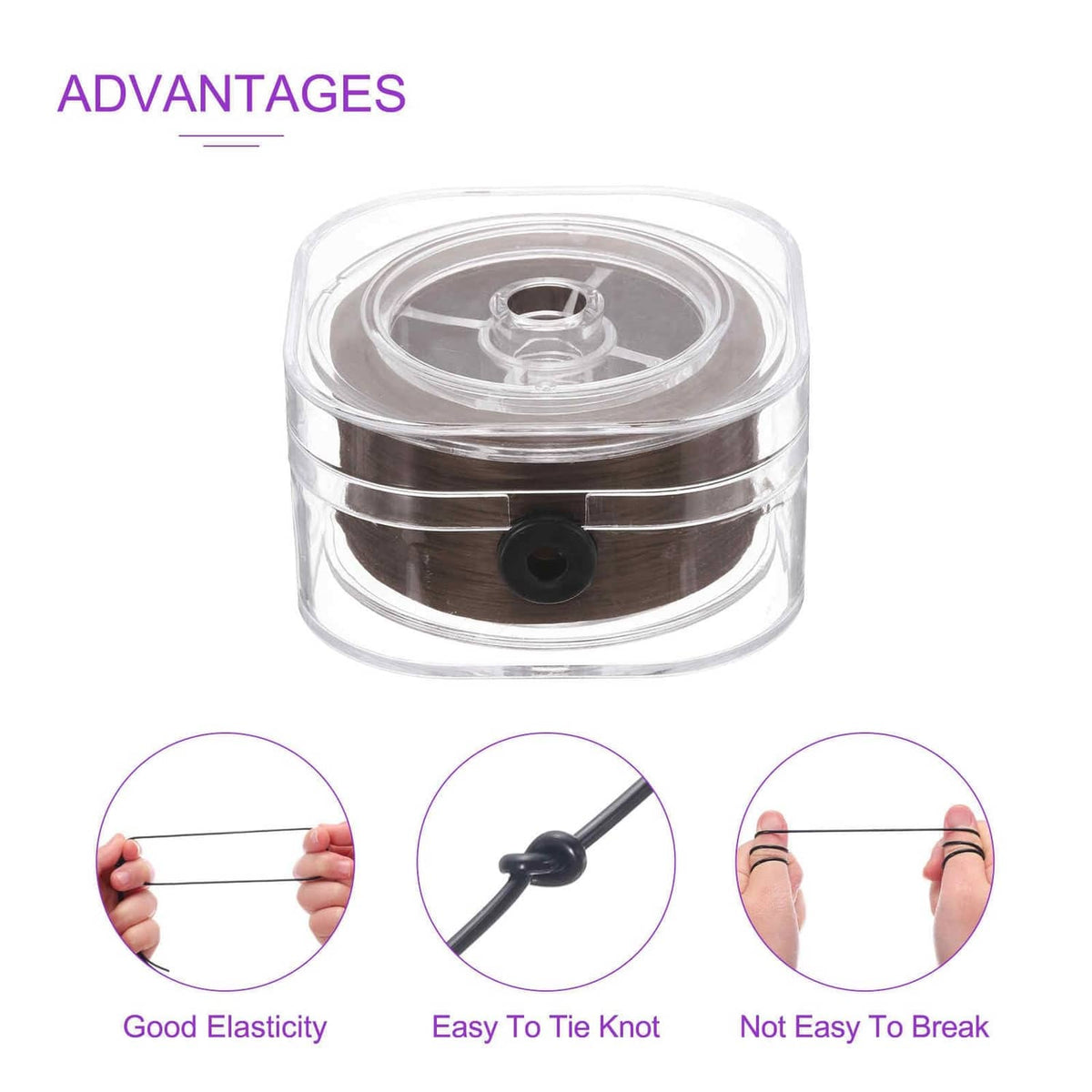 Brown elastic string spool shown with icons for good elasticity and easy knotting