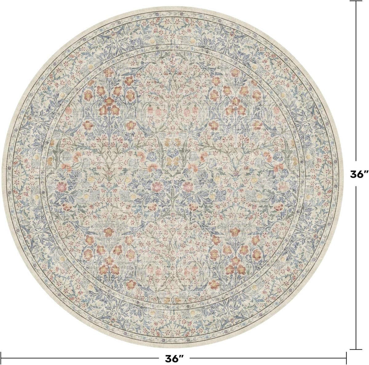 3 ft round blue floral rug, full top view with ornate medallion border