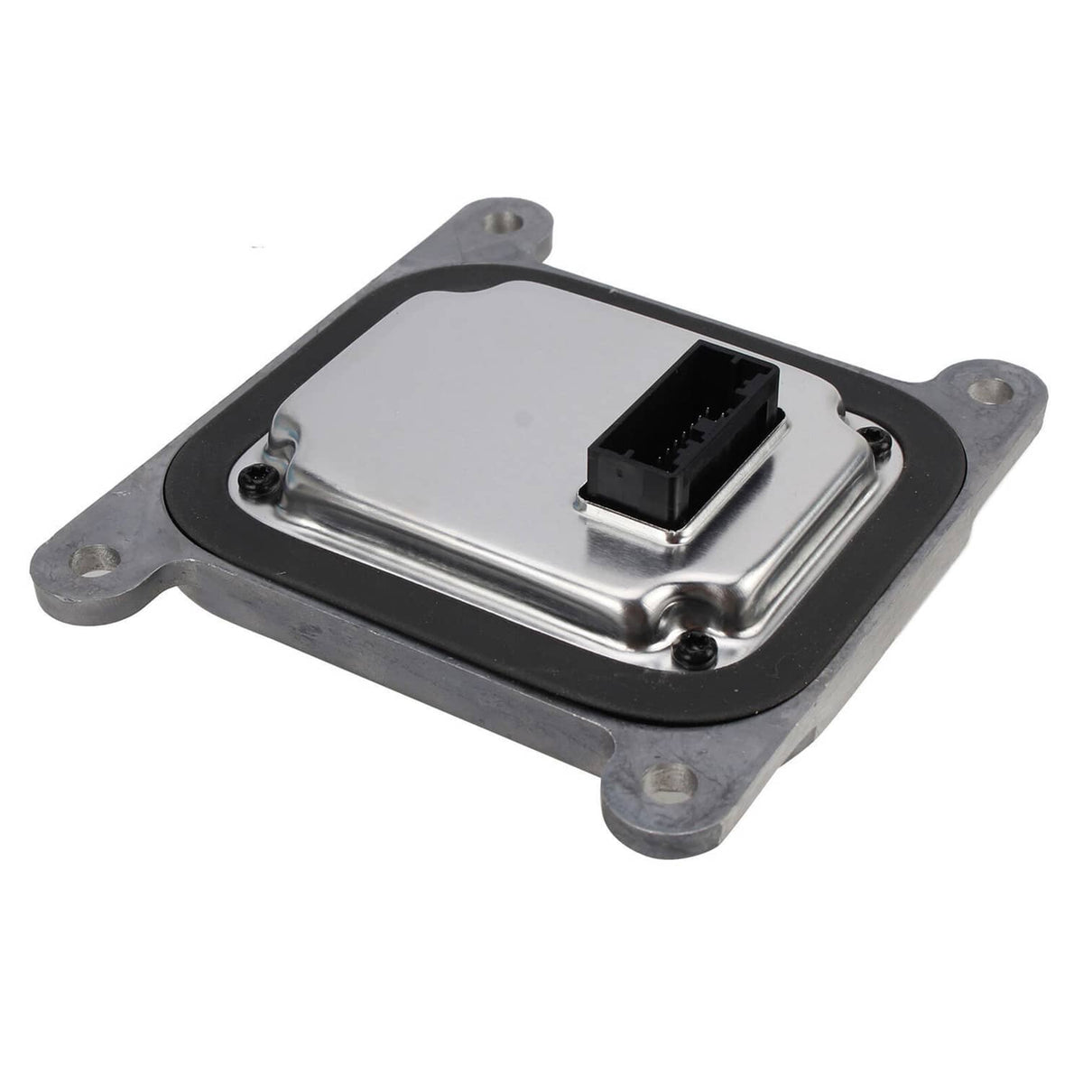 LED headlight control module with black connector socket on metal base