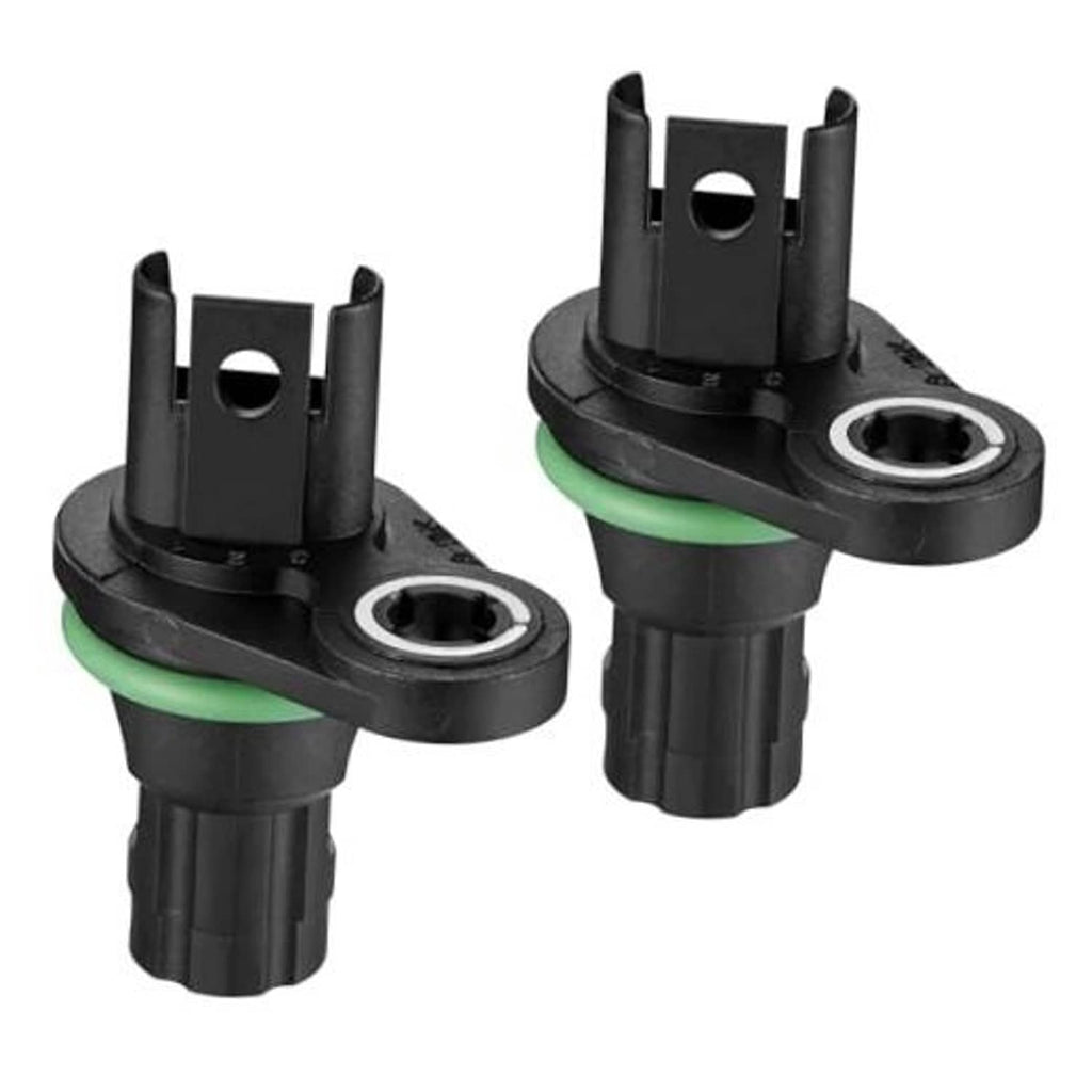 Pair of black camshaft position sensors with green seals and circular mounting ports
