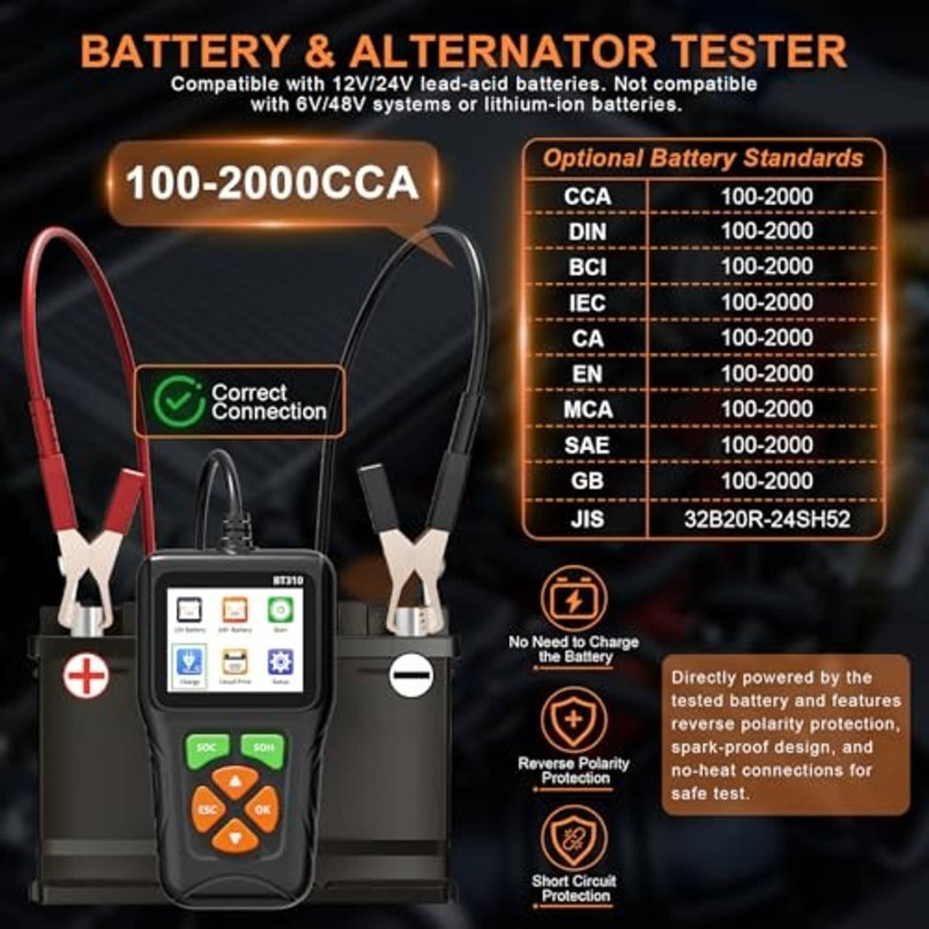 Car battery and alternator tester with clamp cables and front screen interface.