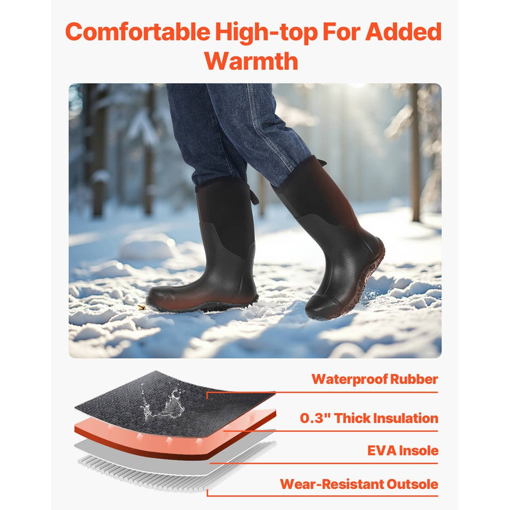 Black tall rubber boots with deep lug outsole for traction on slippery ground