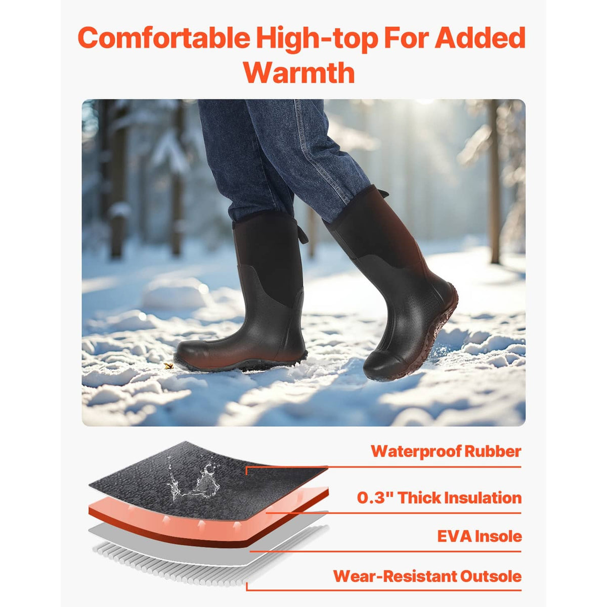 Black tall rubber boots with deep lug outsole for traction on slippery ground