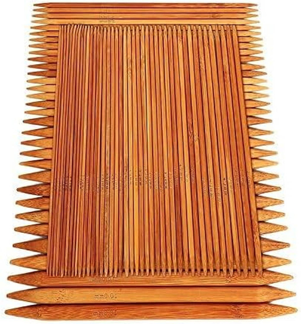 Bamboo double-pointed knitting needles set arranged in square display, tips outward