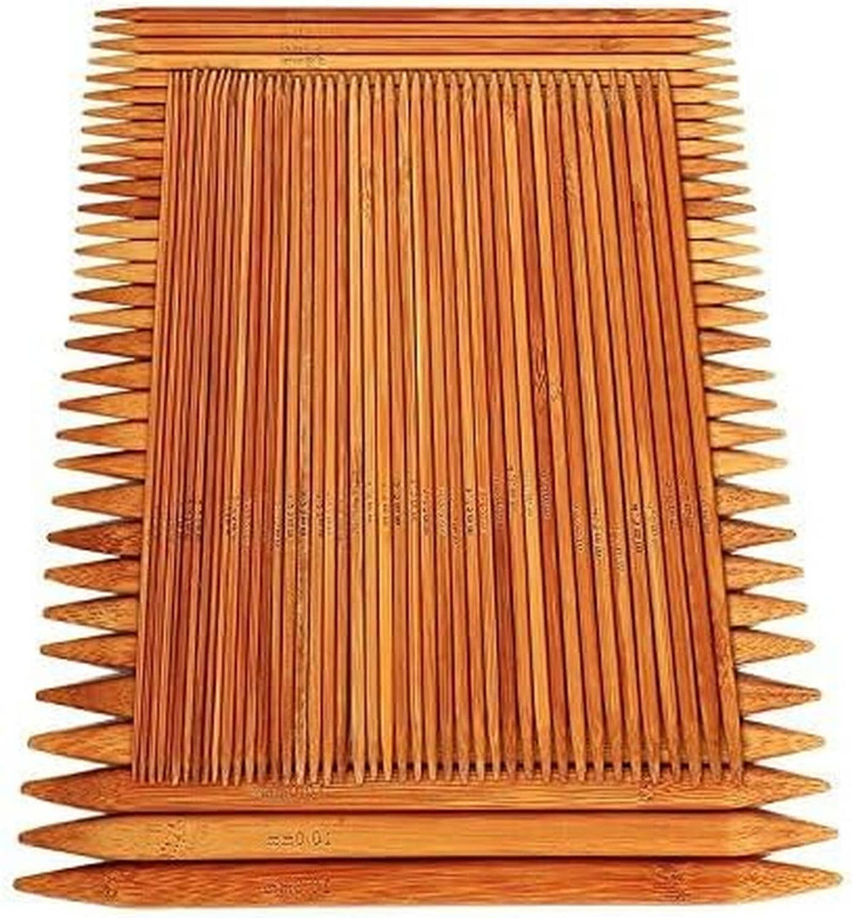 Bamboo double-pointed knitting needles set arranged in square display, tips outward