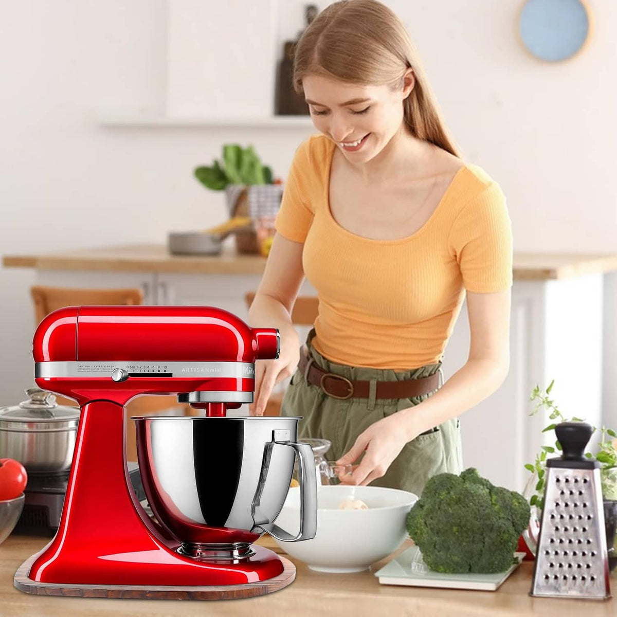 Dark wood mixer slider base placed beneath a red stand mixer