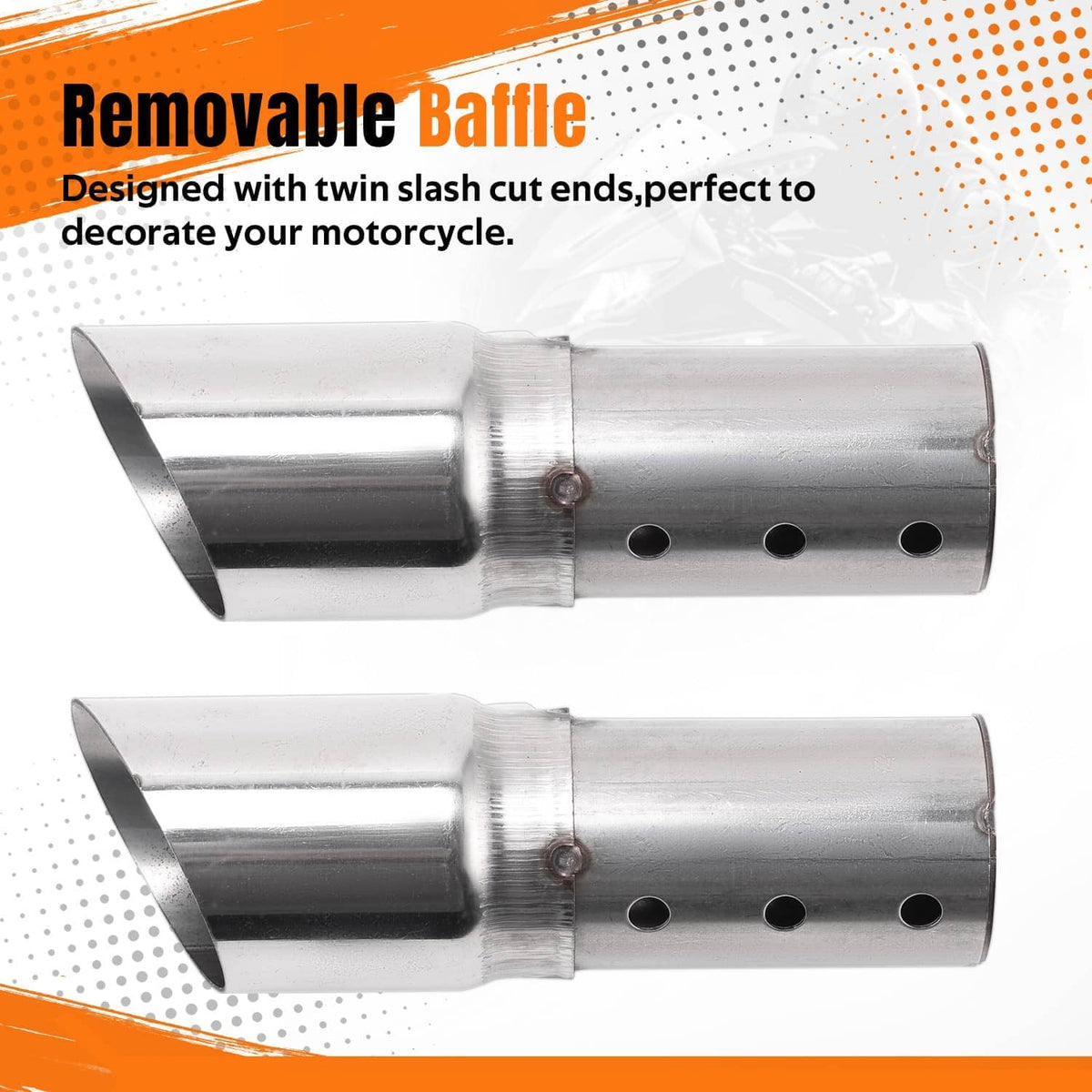 Removable baffle for chrome motorcycle mufflers with twin-slash cut ends