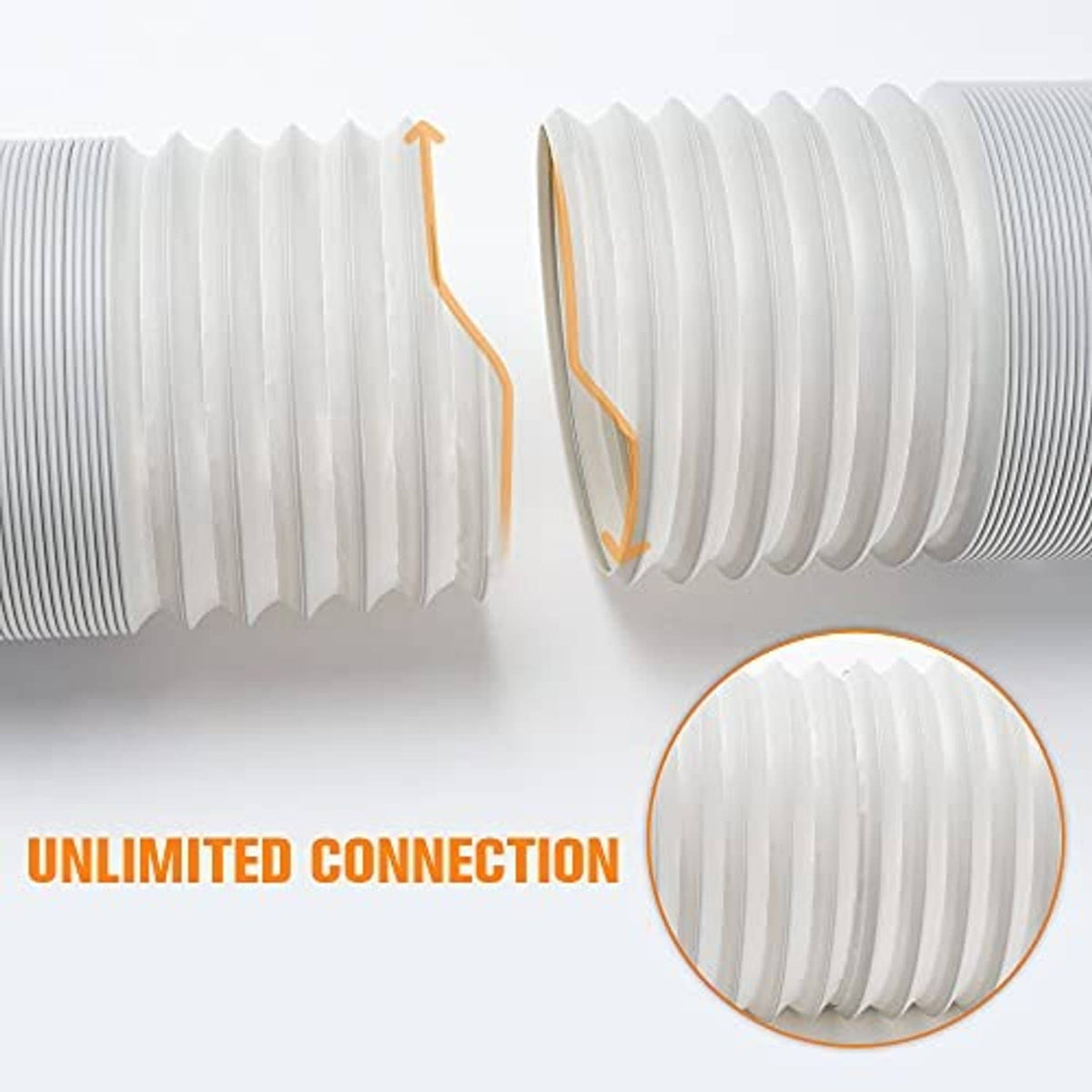 White corrugated AC exhaust hose with flexible ridged sections for extended reach