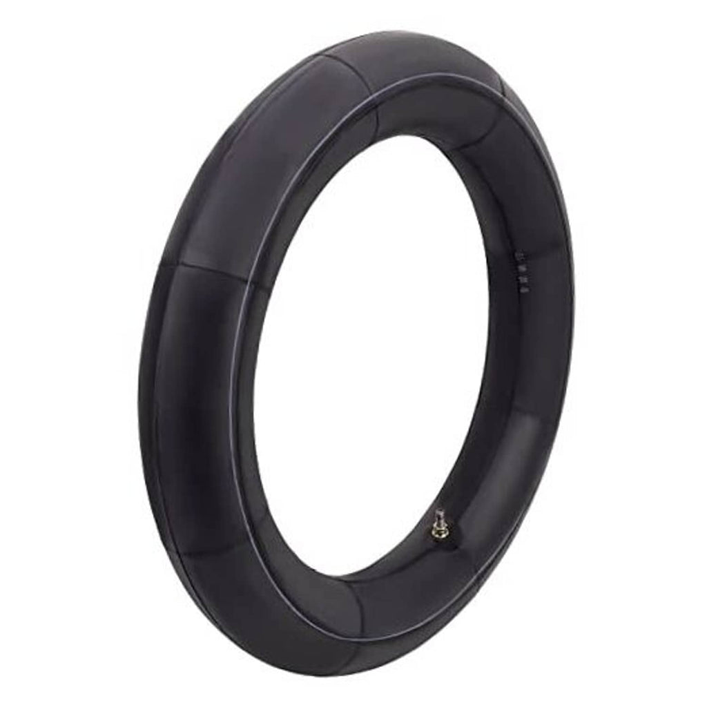 Black motorcycle inner tube with visible brass air valve stem