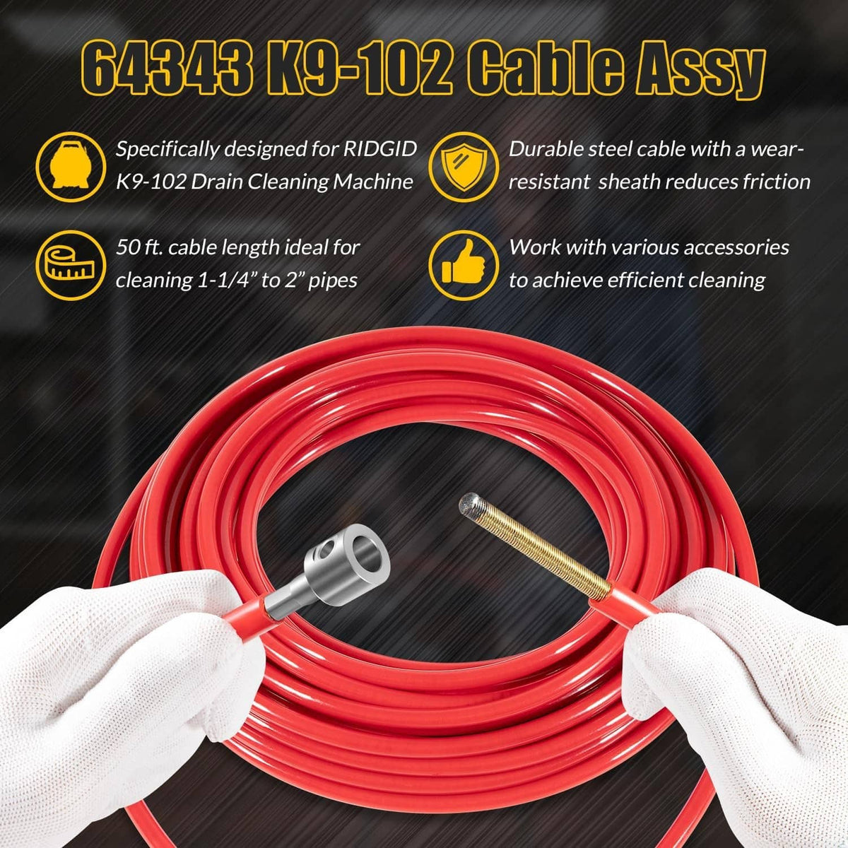 Red coiled cable held by white gloves, with metal cable end fittings