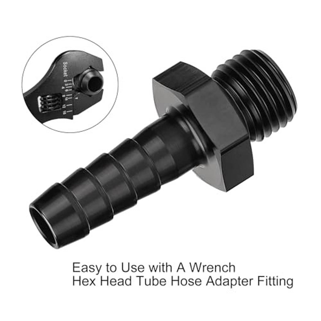 Black hose barb fitting with wrench-flat hex and barbed 3/8" end