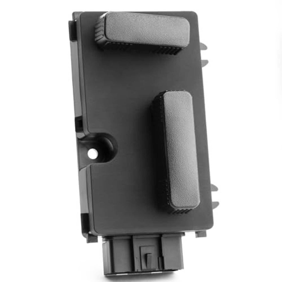 Black power seat switch with two gray textured rocker switches and mounting tabs