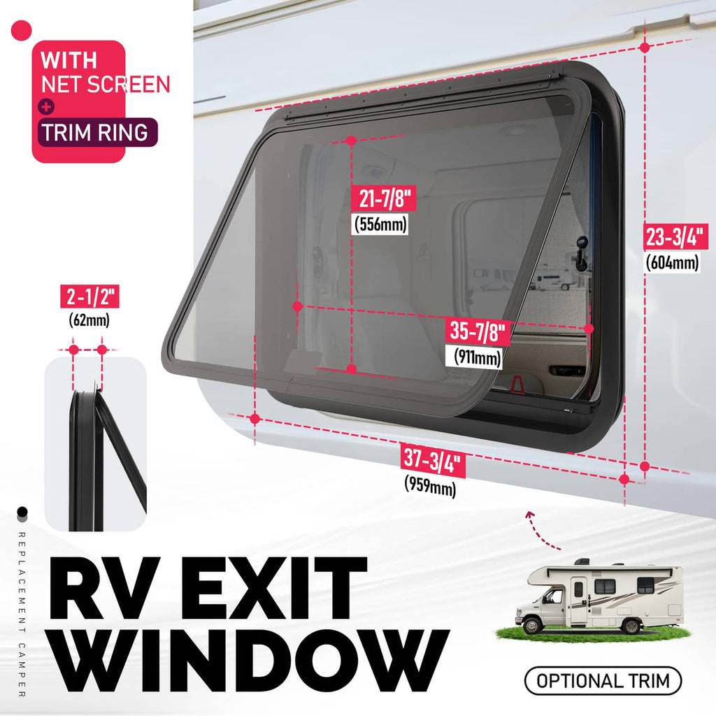 RV emergency push-out exit window with dark tinted glass in black frame